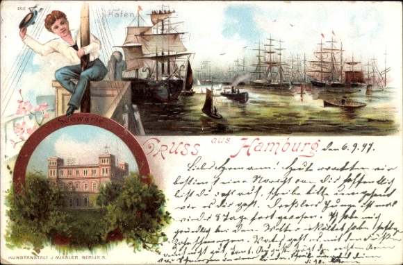 Litho Hamburg St. Pauli, Segelschiffhafen mit Seewarte, Matrose am Mast