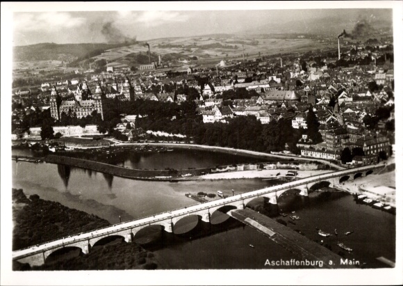 Postcard Aschaffenburg in Lower Franconia, aerial photograph, Main Bridge, Johannisburg Castle