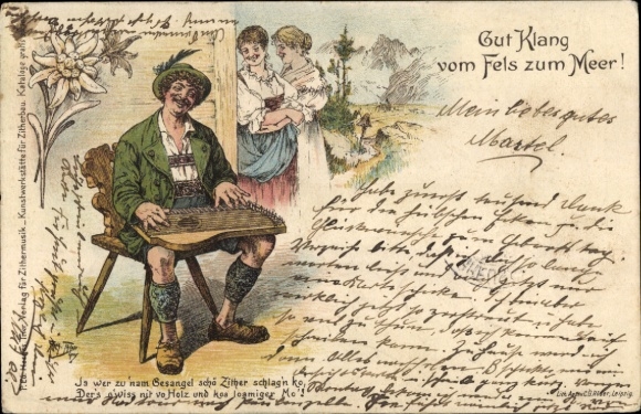 Künstler Litho, Thiele, Arth., Zither, Alpen, Edelweiß, Trachten