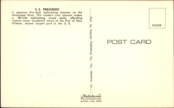 Postcard Steamer SS President, Mississippi River, Port of New Orleans