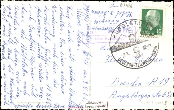 Postcard country postmark Paulinzella about Rudolstadt, monastery ruins Paulinzella
