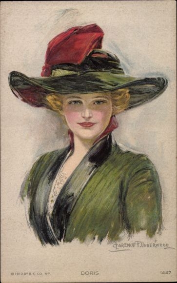 Kunstenaarskaart Underwood, Clarence, Doris, portret van een vrouw, hoed