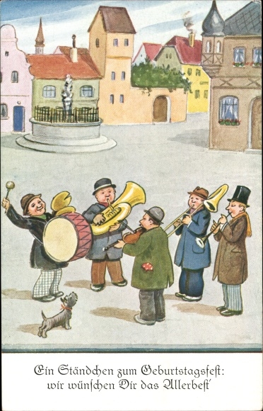 Postcard Happy birthday, men playing music, drum, dog