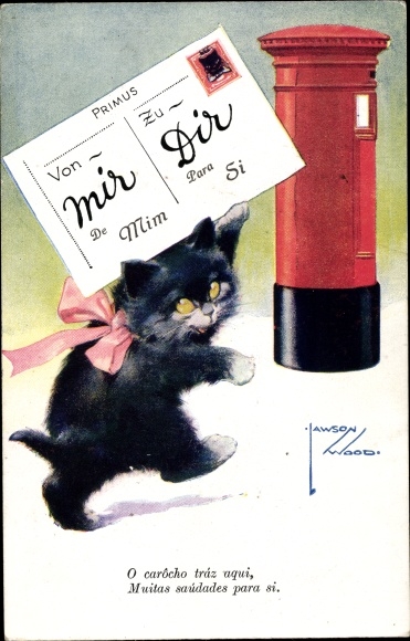 Artist Postcard Wood, Lawson, Black Cat Brings Letter to Mailbox