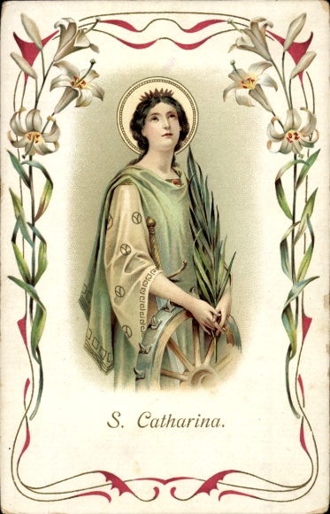 Chromo-Litho Saint Catharina, white lilies