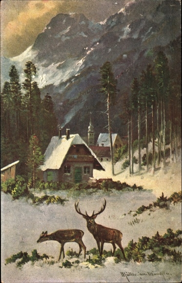 Artist Postcard Village party, mountain landscape, deer