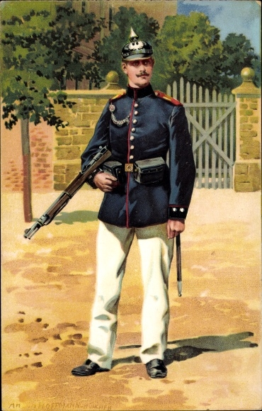 Künstler Litho Hoffmann, A., deutscher Soldat, Infanterie, Gewehr, Federbusch, Kaiserreich
