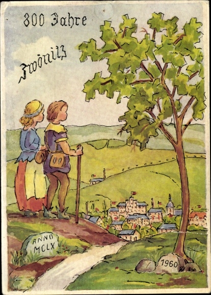 Postcard Zwönitz in the Ore Mountains Saxony, 800 years of historical scene, children, landscape, hikers