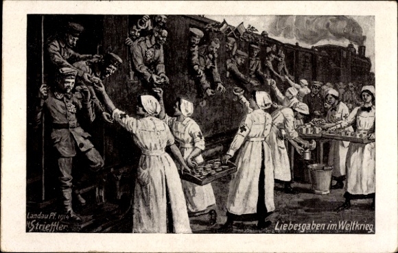 Artist Postcard Strieffler, gifts of love in the World War, soldiers going to war, train station, Red Cross