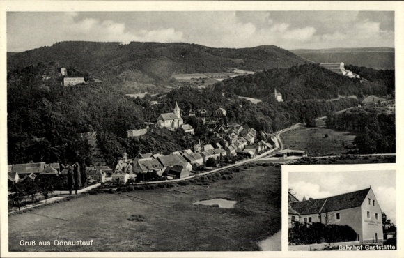 Postcard Donaustauf in der Oberpfalz, general view, train station restaurant