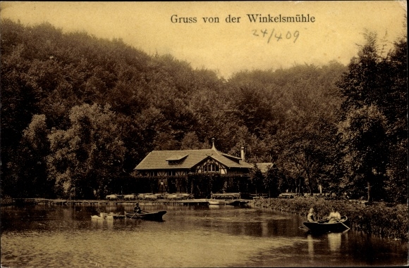 Postcard Erkrath in North Rhine-Westphalia, Restaurant Winkelsmühle, owner L. Hertwig, pond, rowing boats