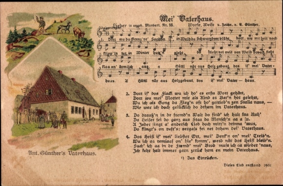 Song Postcard Mei Vaterhaus, Unt. Günther&#39;s father&#39;s house, costumes Erzgebirge