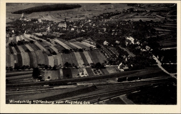 Postcard Windschläg Offenburg in Baden Black Forest, aerial view of fields, houses, church