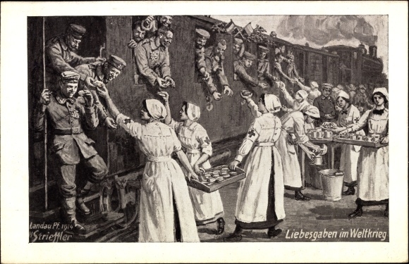 Artist Postcard Strieffler, gifts of love in the World War, soldiers going to war, train station, Red Cross