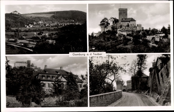 Postcard Gamburg Werbach an der Tauber, old castle, total view, access to the castle, view of the mountain