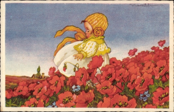 Artist Postcard Girl on flower meadow, poppy