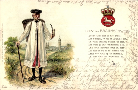 Embossed Chromo-Litho Braunschweig in Lower Saxony, farmer, coat of arms, pipe