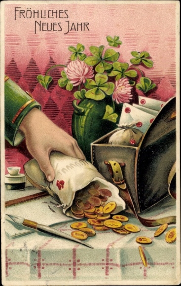 Präge Ak Glückwunsch Neujahr, Kleeblatt, Münzen