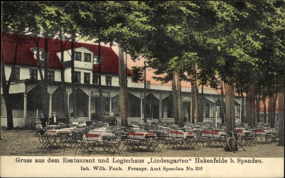 Postcard Berlin Spandau Hakenfelde, restaurant and lodging house Lindengarten
