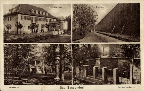 Postcard Bad Sassendorf in Westphalia, Kurhaus, Am Gradierwerk, Musikh-le, Charlotten-Quelle
