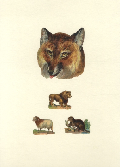 4 Oblaten Fuchs, Löwe, Schaf, Biber, ca. 9 x 8,5 cm und 3,5 x 4,5 cm