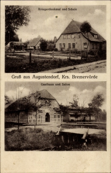 Ak Augustendorf Gnarrenburg in Nedersaksen, oorlogsmonument, school, pension Hermann Schumacher