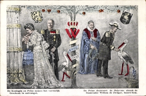 Artist Postcard Queen and Princes receive royal gift, storks