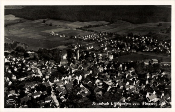 Postcard Krumbach Schwaben, aerial photograph