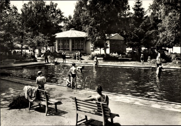 Postcard Schönau Falkenstein in the Vogtland, swimming pool, swimming pool, bathers