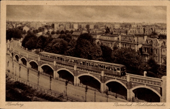 Postcard Hamburg Nord Barmbek, elevated railway line, elevated railway in motion