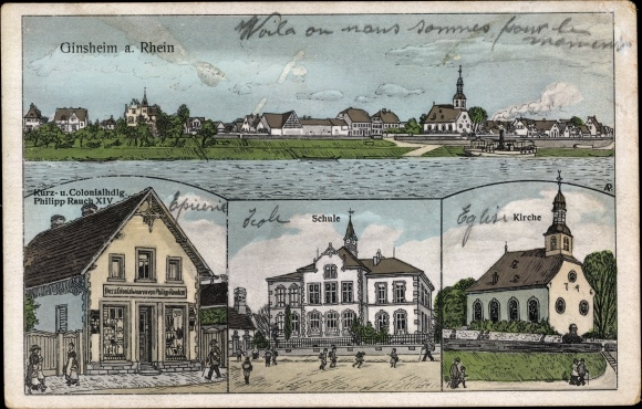 Ak Ginsheim Gustavsburg am Rhein, Schule, Kirche, Kolonialwarenhandlung, Pernat