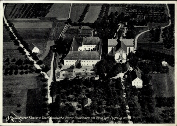 Ak Dettelbach am Main Unterfranken, Franziskaner-Kloster, Wallfahrtskirche, Fliegeraufnahme