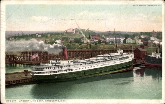 Ak Marquette Michigan, Anchor Line Dock, stoomboten in de haven, plaats