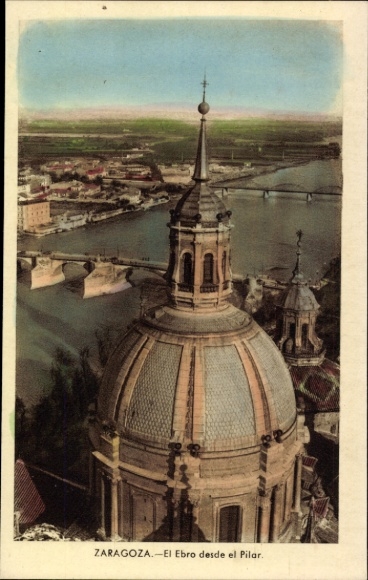 KP Zaragoza Saragossa Aragonia, rzeka Ebro, widok na miasto, kopuła Pilaru
