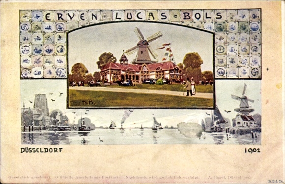 Artist Postcard Düsseldorf, Industrial and Trade Exhibition 1902, Erven Lucas Bols, Windmills