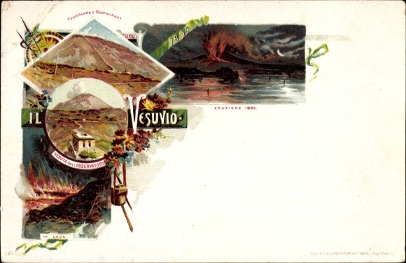 Chromo-Litho Naples Neapel Campania, Vesuvius, Eruption 1895, Funicular, Ausbruch des Vesuv, Lava