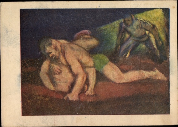 Postcard wrestlers in combat, wrestling match, referee