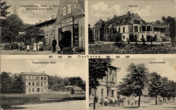 Postcard Ducherow in Western Pomerania, Fritz Reich commercial building, castle, Buggenhagen Stift, Lindenstraße