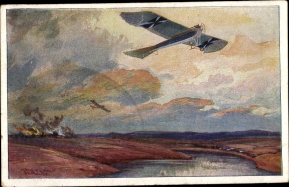 Künstler Ak Schulze, Hans Rudolf, Militärtaube auf Erkundungsflug bei den Masurischen Seen, I. WK