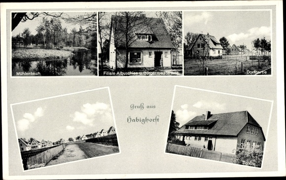 Postcard Habighorst in Lower Saxony, settlement, school, mill pond, village party, business