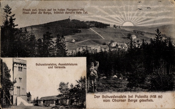 Ak Schwedenstein bij Pulsnitz, Zweedse stenen, uitkijktoren, veranda, ochtendstraal, Ohorner Berg