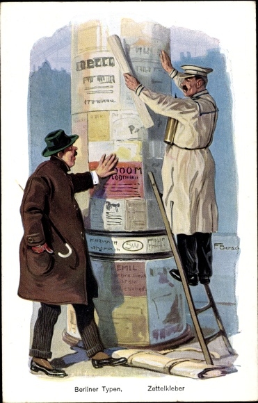 Artystyczna pocztówka Bersch, Berlin, typy berlińskie, samoprzylepna etykieta, słupek reklamowy