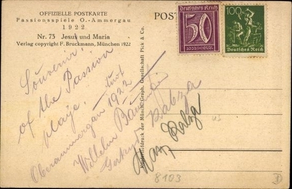 Ansichtkaart Oberammergau in Opper-Beieren, Passiespel 1922, Jezus en Maria, Anton Lang, handtekening