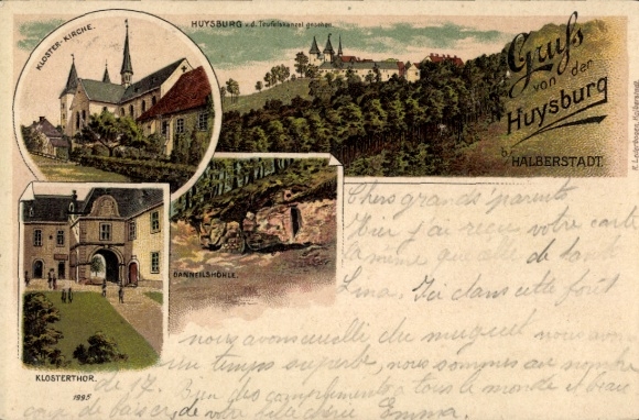 Chromo-Litho Huy Saxony Anhalt, Huysburg from the Devil's Pulpit, Monastery Church, Monastery Gate, Danneilshöhle