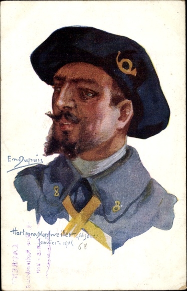 Kunstenaarskaart Dupuis, Emil, Hartmanskopfweiler, soldaat in uniform, posthoorn