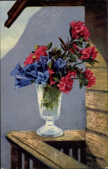 Postcard Nenke and Ostermaier 517 878, photochromia, gentians and rhododendrons in a vase