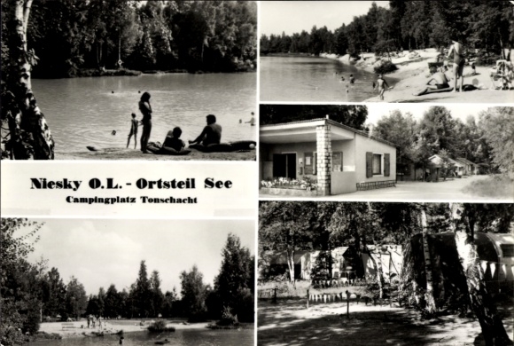 Postcard See Niesky in Upper Lusatia, Tonschacht campsite, lake, people on the shore, nature, leisure