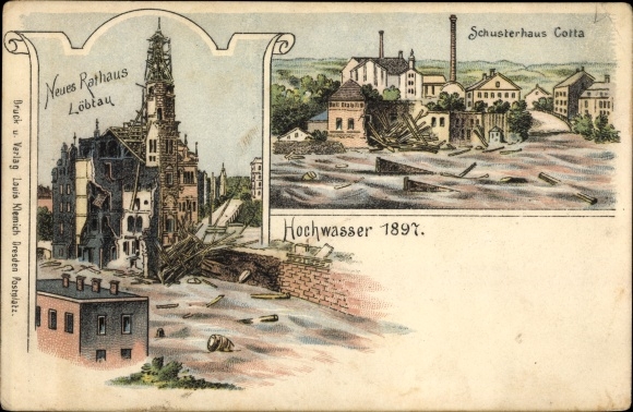 Chromo-Litho Dresden Löbtau, flood 1897, new town hall, cotta cobbler&#39;s house
