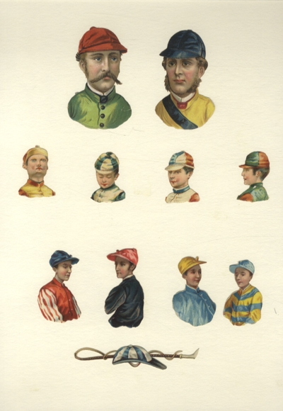 11 Oblaten Jockeys, Reithelm und Peitsche, ca. 8 x 5 cm bis 3,5 x 3 cm