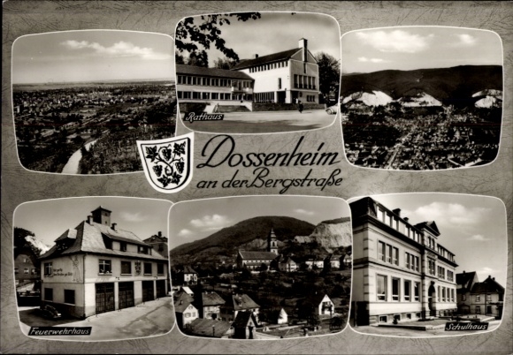 Postcard Dossenheim an der Bergstraße Baden, aerial photograph, town hall, fire station